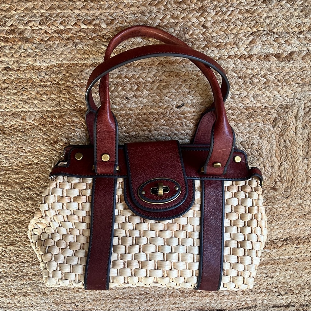 Fossil Large Straw Basket Satchel with Brown Leather Accents